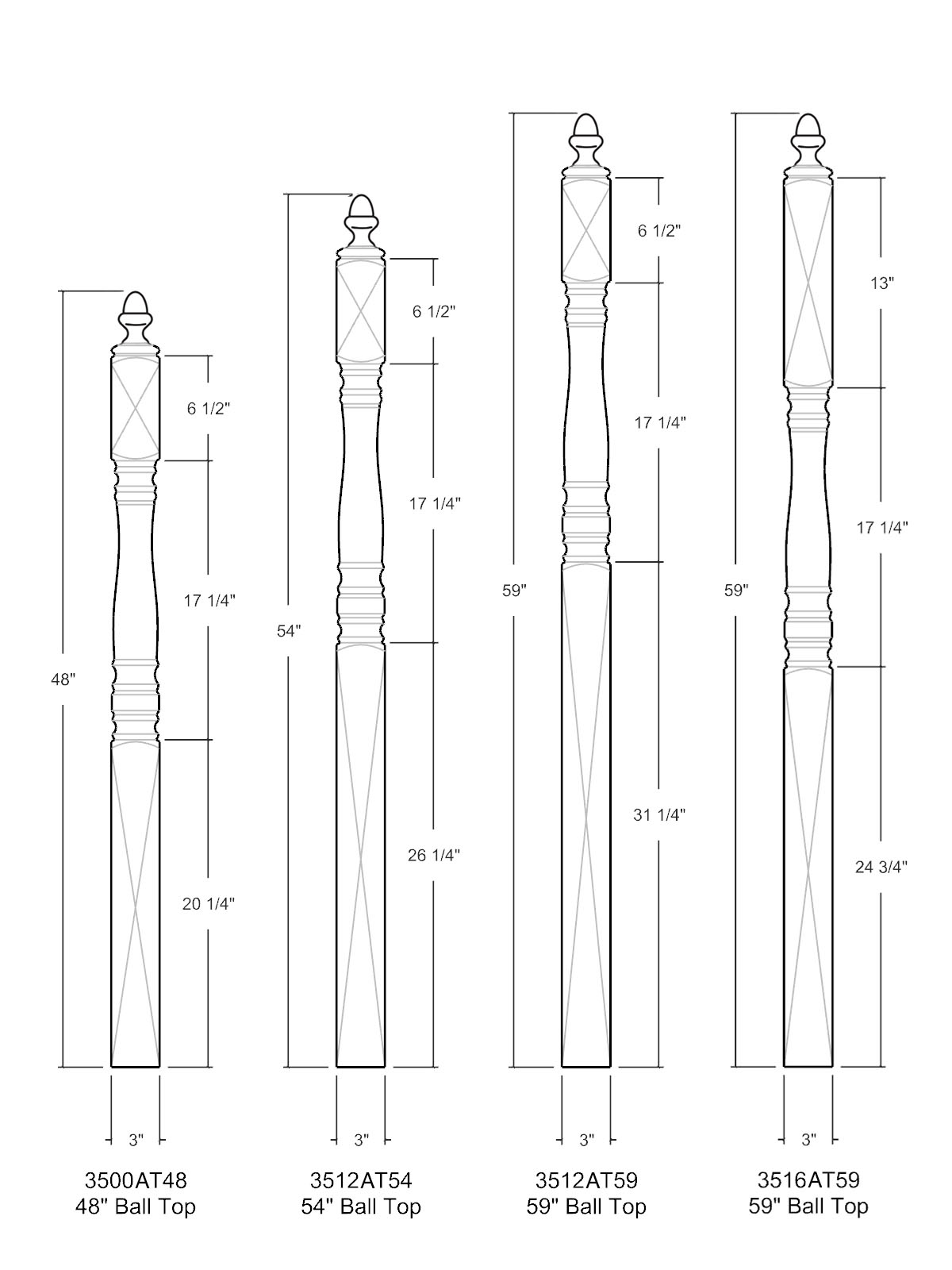 Hampton 3500AT Series Acorn Top Newel Post (3")