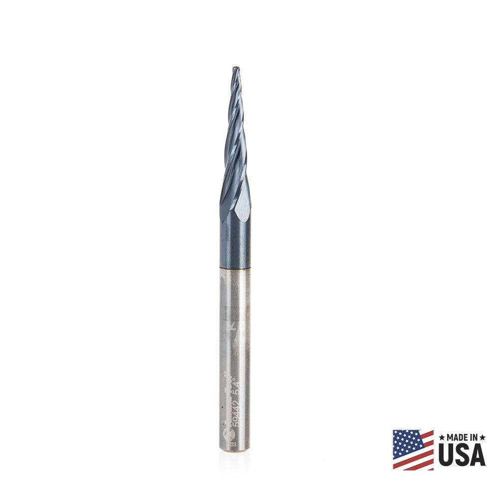 #option_59442 - 4-Flute x 5.4 Deg x 1/32 Radius 1/16 Dia x 1-1/16 x 1/4 Shank x 3 Inch Long Up-Cut Router Bit