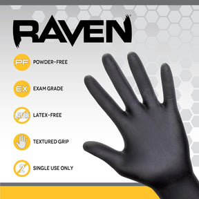 Raven Powder-Free Nitrile 7-Mil Black Disposable Gloves, 66518, Large (100 Gloves)